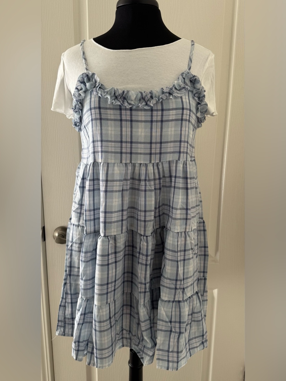 Two Piece Blue Plaid Ruffle Tiered Sundress